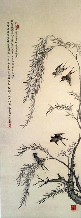 沈壽繡柳燕圖（軸），刺繡名作，蘇繡名人，清朝刺繡